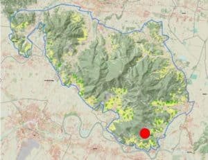 Mappa monte pisano con punto rosso su area Vicopisano per indicare l'area del primo sopralluogo. 