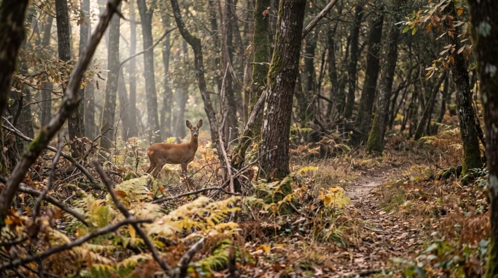 Un capriolo tra castagni e lecci nel bosco del Monte Pisano, in una mattina d autunno